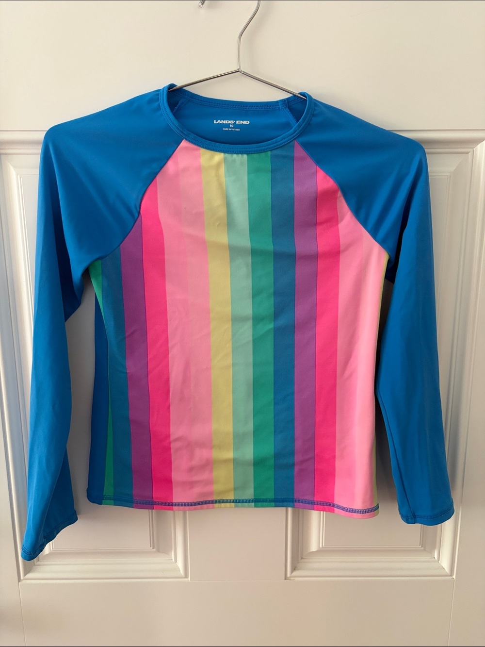 Lands' End Girls' Bright Blue Rainbow Stripe Long-Sleeve Rashguard